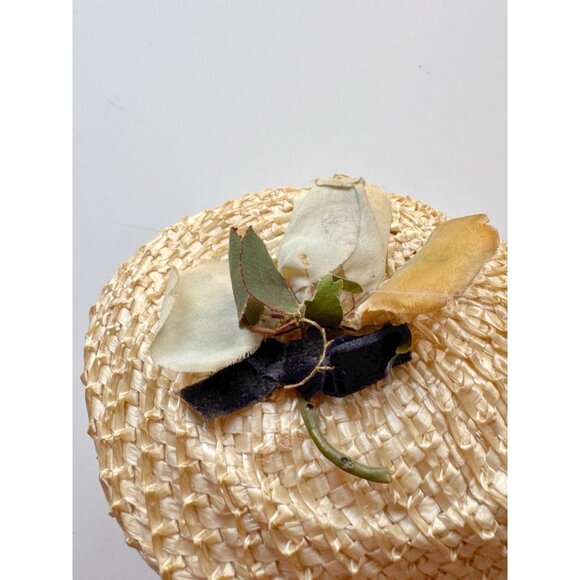 Vintage Raffia Straw Black Velvet Ribbon Yellow Faux Flower Juliet Hat - Picture 10 of 15